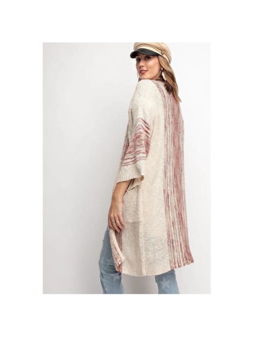 NWT Easel Boho Beach Oatmeal Striped Baja | Knit Open-Front Throw Cardigan - Picture 14 of 16